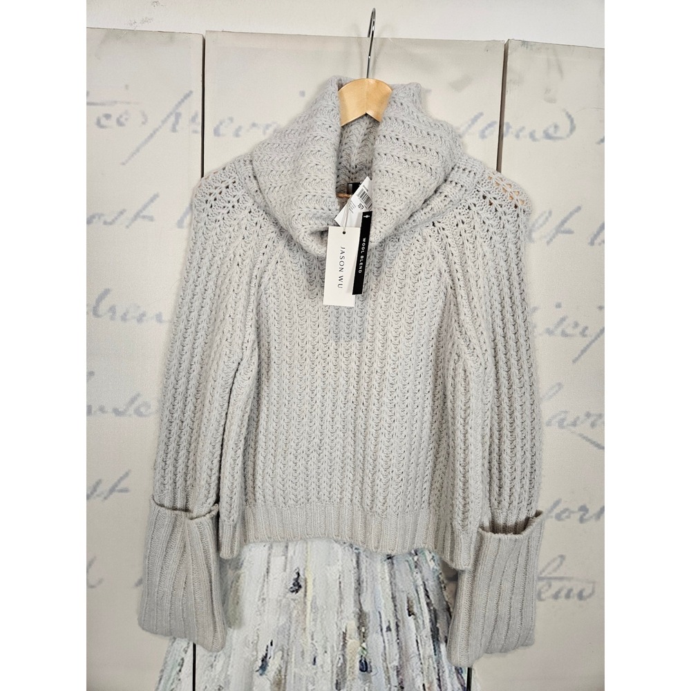 Jason Wu Womens Cowl‎ Neck Ribbed Wool Blend Sweater Light Grey XS NEW